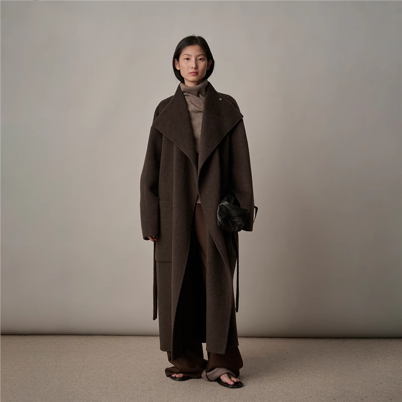 爵莱菲大码咖色大衣女秋冬新款大翻领廓形长款双面绒羊毛毛呢外套