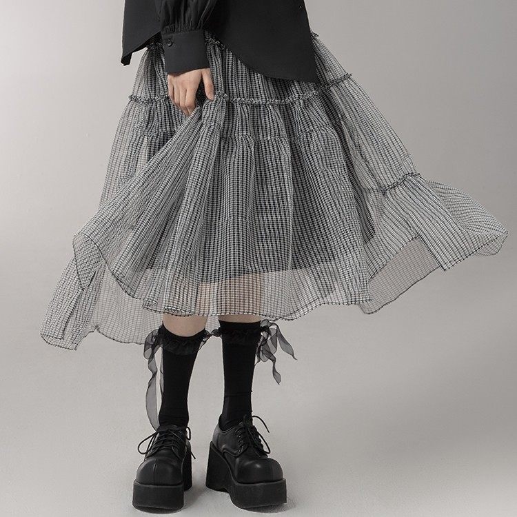 爵莱菲大码设计感小众长裙格子半身裙女网纱裙伞裙蓬蓬裙百搭中长,女装/女士精品,大码半身裙,淘宝优惠券,粉丝福利购,淘宝优惠卷