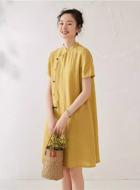 爵莱菲大码黄色连衣裙女夏薄款中式文艺优雅短袖宽松A字短裙