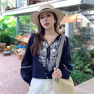 爵莱菲大码胖mm灯笼袖天丝亚麻上衣女2026春季新款设计花瓣领小衫