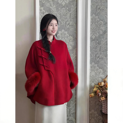 爵莱菲大码新中式红色双面羊毛斗篷大衣女高级感千金名媛狐狸毛
