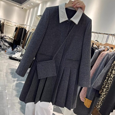 加厚毛呢西装领外套裙女2025秋冬休闲韩版学院风显瘦中长款连衣裙