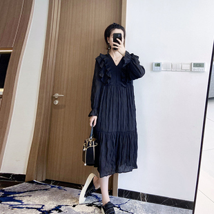黑色长袖气质洋气巨显瘦长款大码胖mm微胖2024新款连衣裙女装秋装