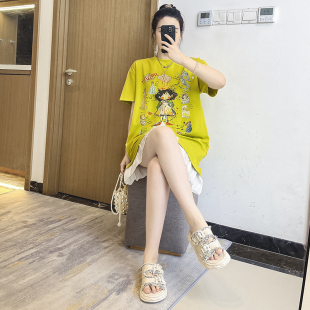 胖妹妹遮肚子连衣裙 T恤裙大码 2025夏季 减龄休闲印花设计拼接短袖