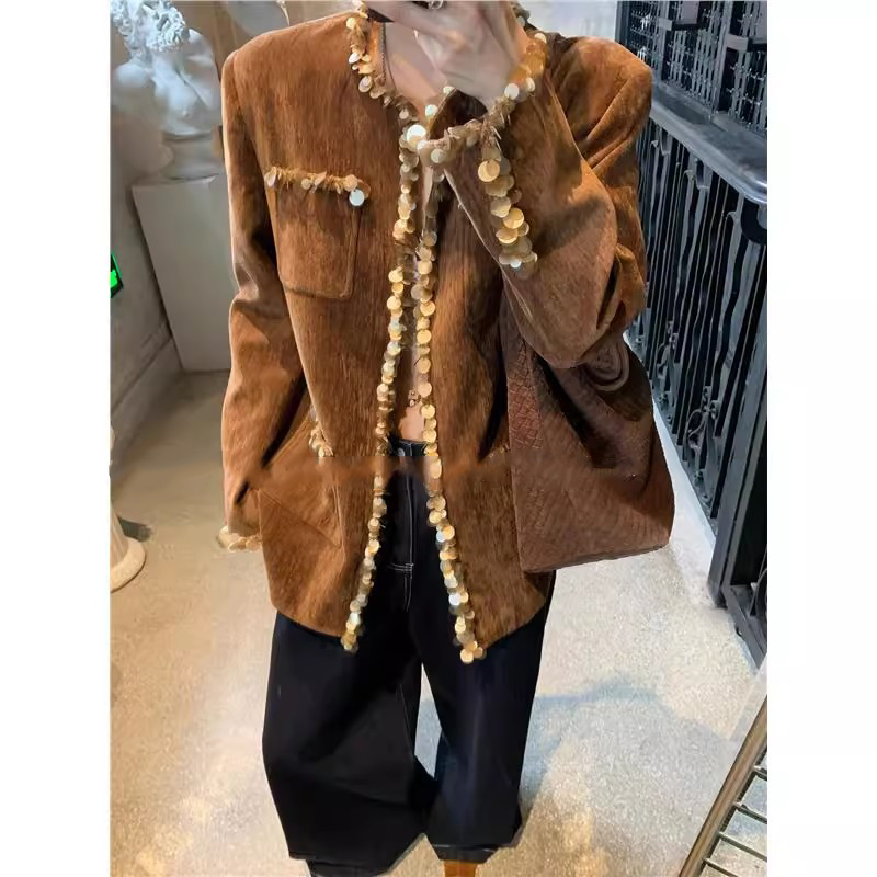 爵莱菲大码重磅收藏绒感立体钉珠西装开衫早秋外套女上衣高级感
