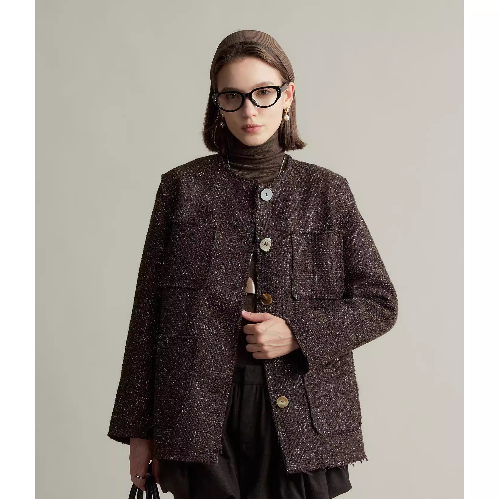 爵莱菲大码羊毛金丝花呢90鹅绒保暖小香圆领羽绒服外套女胖mm显瘦