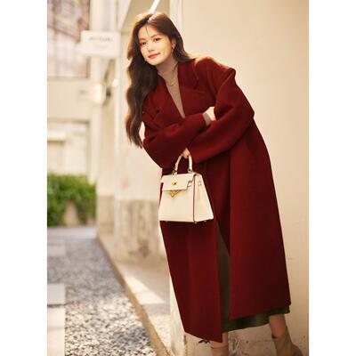 爵莱菲红色双面羊绒大衣女秋冬季中长款羊毛呢外套结婚大码胖mm