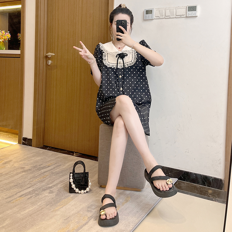 娃娃领波点衬衫连衣裙女夏季遮肉显瘦气质轻熟中长裙子胖妹妹大码