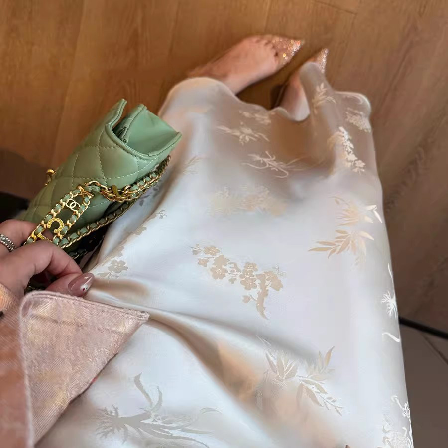 爵莱菲大码早春醋酸提花高腰弹力半身裙新中式垂感质感竹叶暗纹