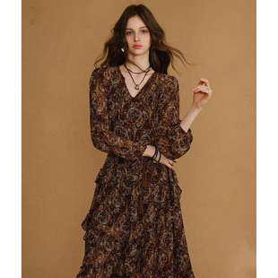 复古浪漫收腰不规则荷叶边雪纺连衣裙 新款 爵莱菲大码 2025年秋季