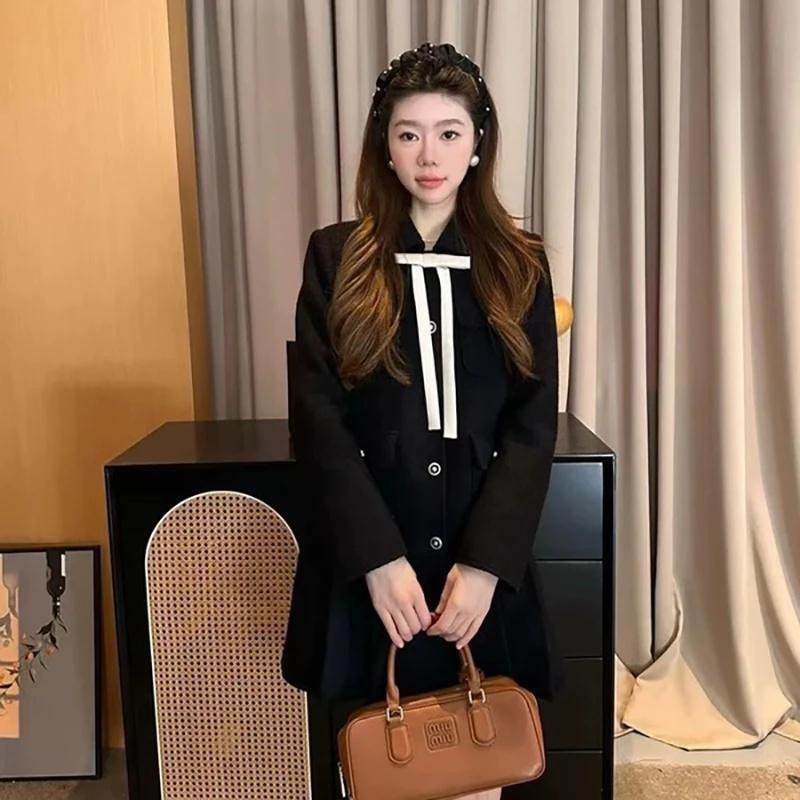 大码胖mm黑色2026小香风外套裙韩版气质蝴蝶结微垫肩连衣裙冬季