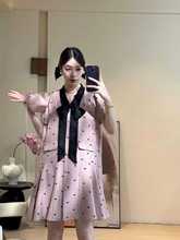 法式小香风粉色连衣裙女2025夏季新款清新甜美气质显瘦蝴蝶结裙子
