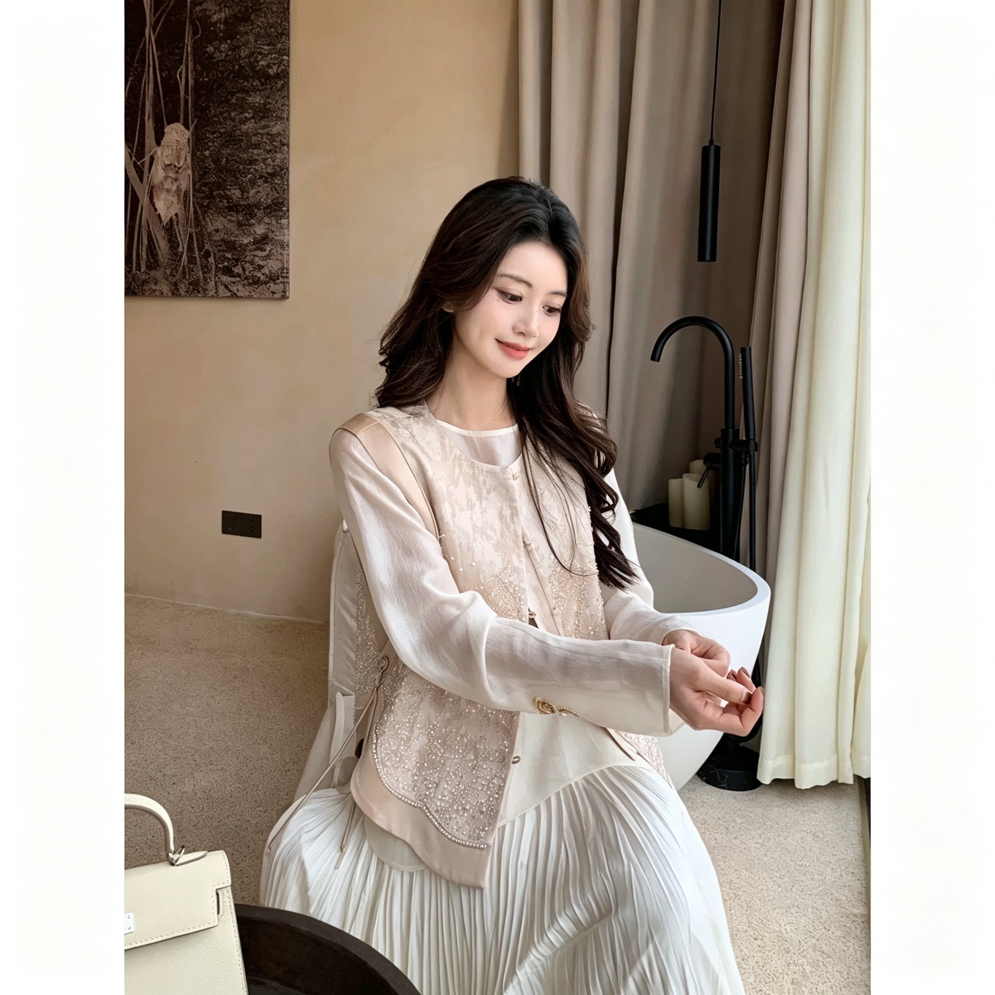 爵莱菲大码女装【珠光】重工醋酸提花刺绣单排扣无袖马甲外套女夏
