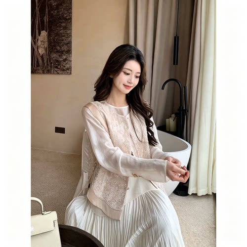 爵莱菲大码女装【珠光】重工醋酸提花刺绣单排扣无袖马甲外套女夏