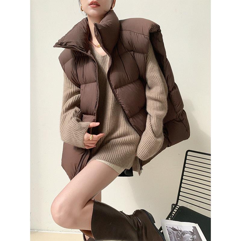 爵莱菲大码咖色立领羽绒马甲女2025冬季时尚百搭白鸭绒马夹外套