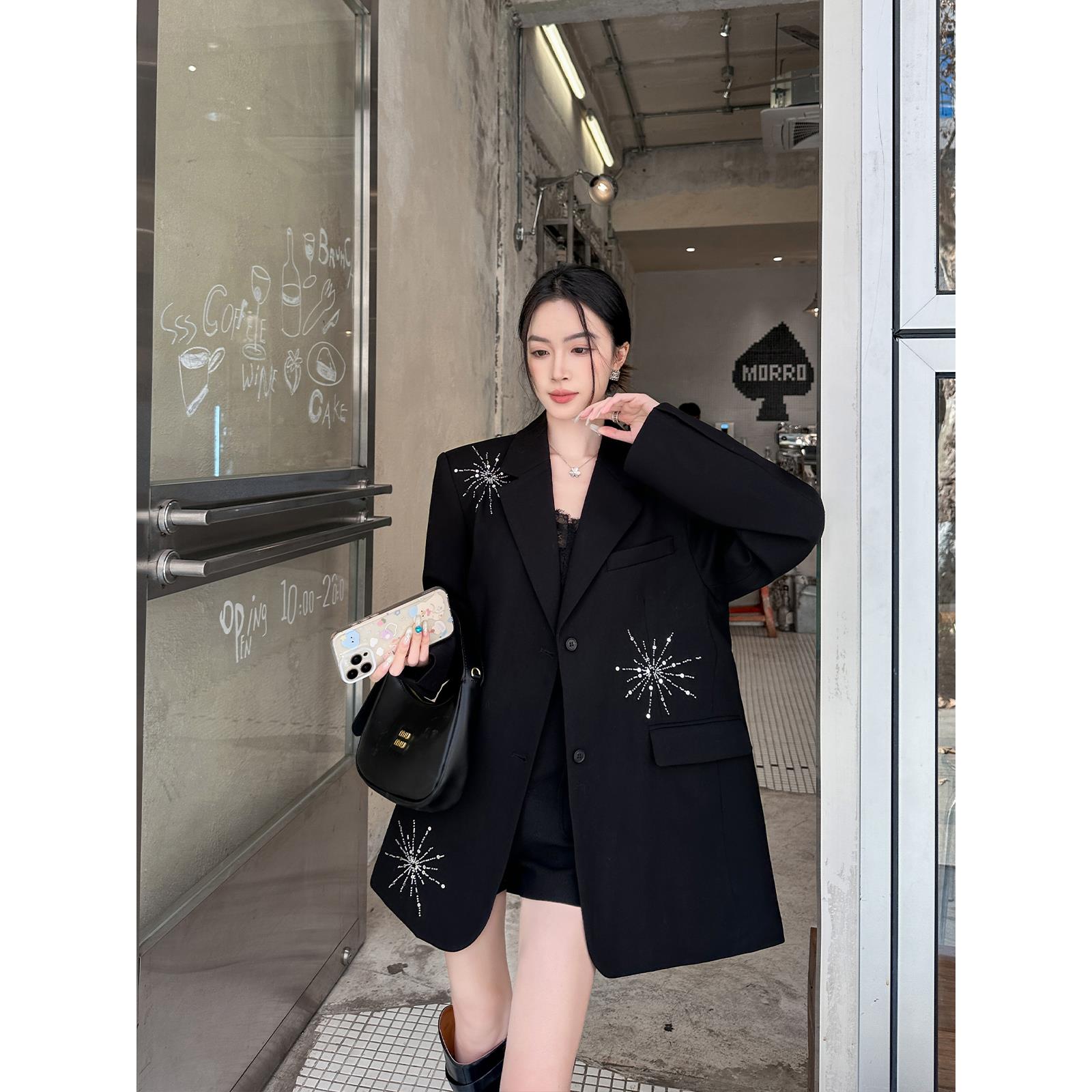 爵莱菲大码胖mm显瘦黑色小众设计感西装外套女2025秋新宽松西服