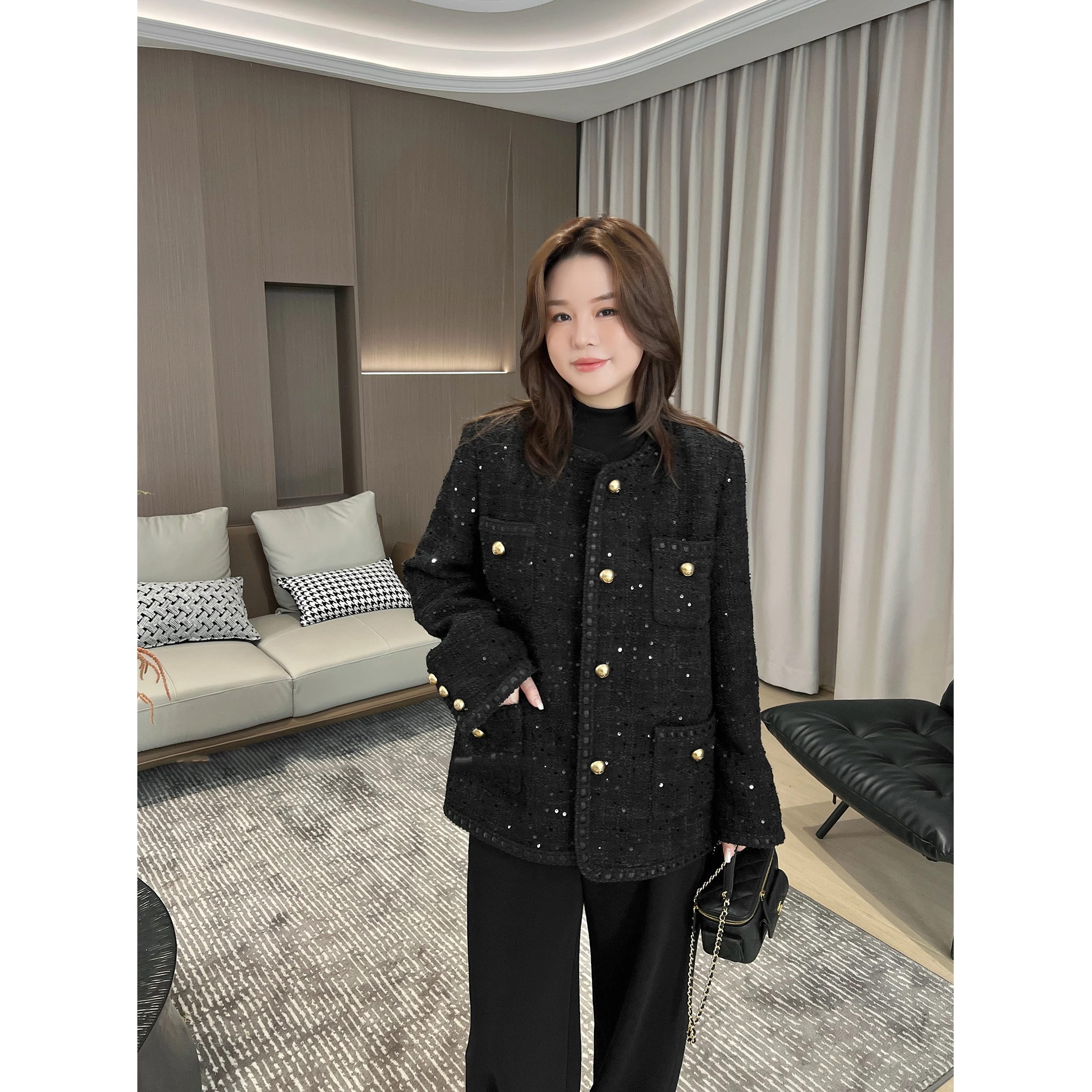 爵莱菲大码羊毛粗花呢黑金小香风高级感显瘦大码女装廓形短外套,女装/女士精品,常规大码外套,淘宝优惠券,粉丝福利购,淘宝优惠卷