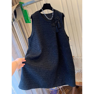 大码胖mm新中式盘扣流苏黑色小香背心裙连衣裙子女2025秋冬新款