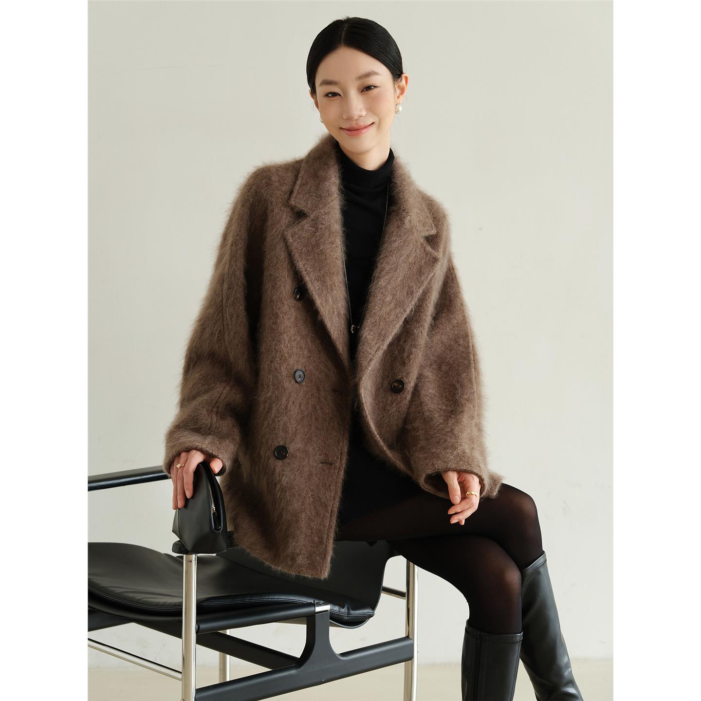 爵莱菲大码高奢山羊绒+羊毛拉绒冬季保暖百搭中长款翻领大衣外套