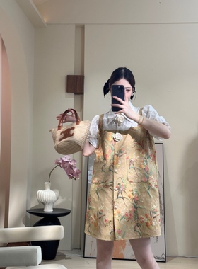 大码女装设计感假两件背带连衣裙拼接提花遮肚子黄色短袖夏季2025