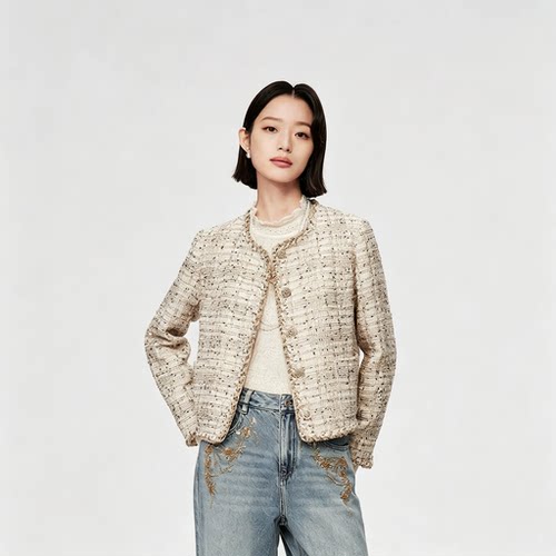 爵莱菲大码胖mm女装维格娜丝月光白金2026秋冬小香风精致短外套
