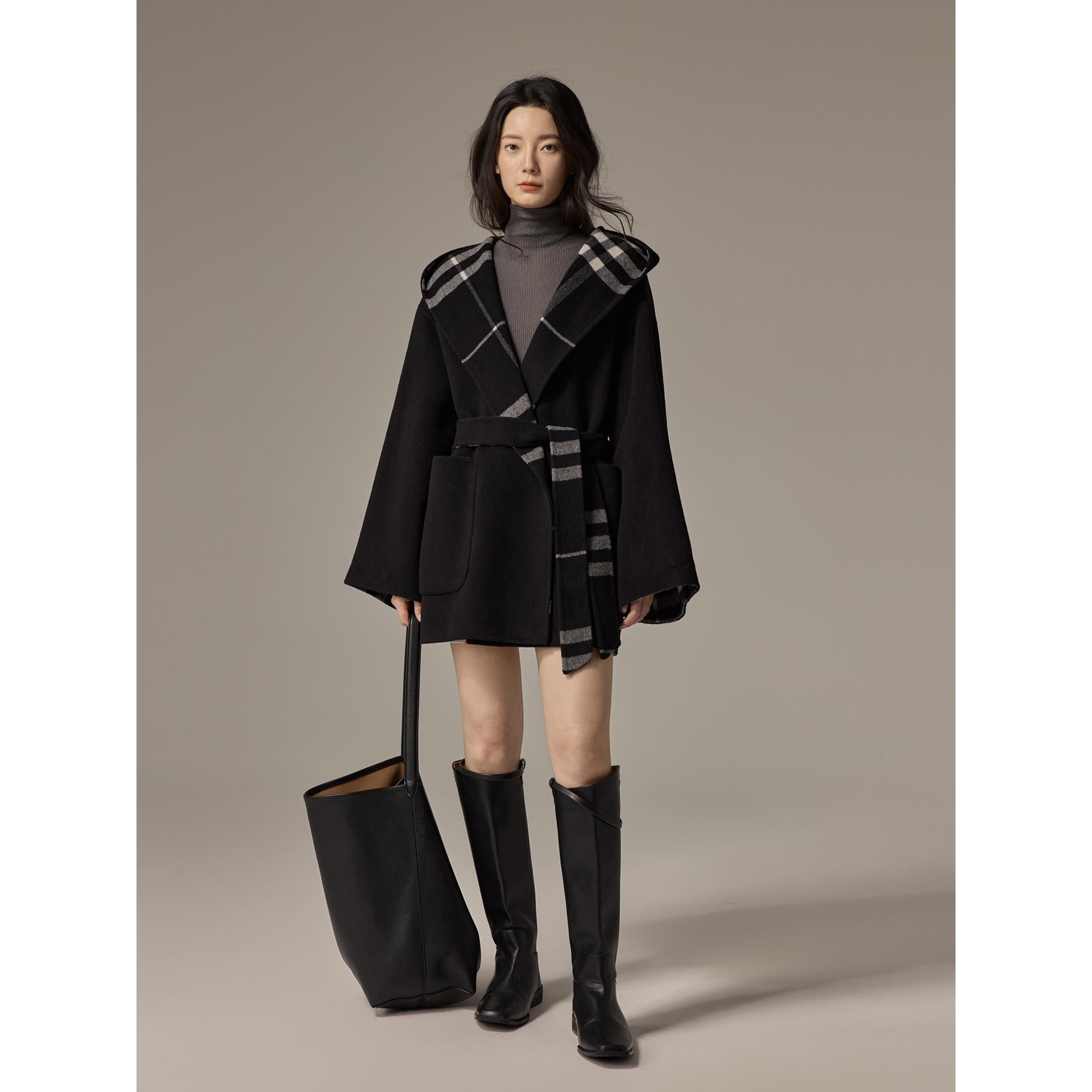 爵莱菲大码短款连帽羊绒大衣女小个子双面呢格子羊毛外套2025秋冬