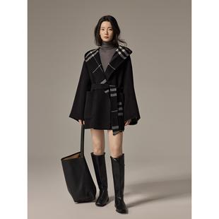 爵莱菲大码短款连帽羊绒大衣女小个子双面呢格子羊毛外套2025秋冬