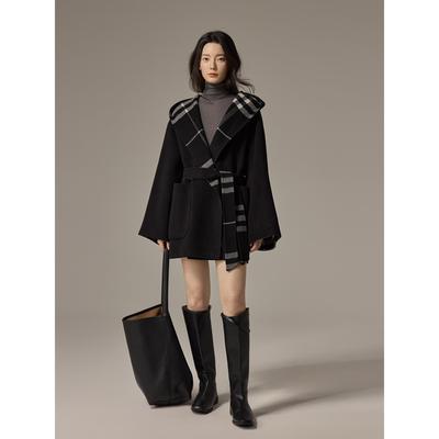 爵莱菲大码短款连帽羊绒大衣女小个子双面呢格子羊毛外套2025秋冬