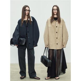 廓形风衣外套女 爵莱菲大码 胖mm宽松秋季 拼接翻领中长款 高级工装