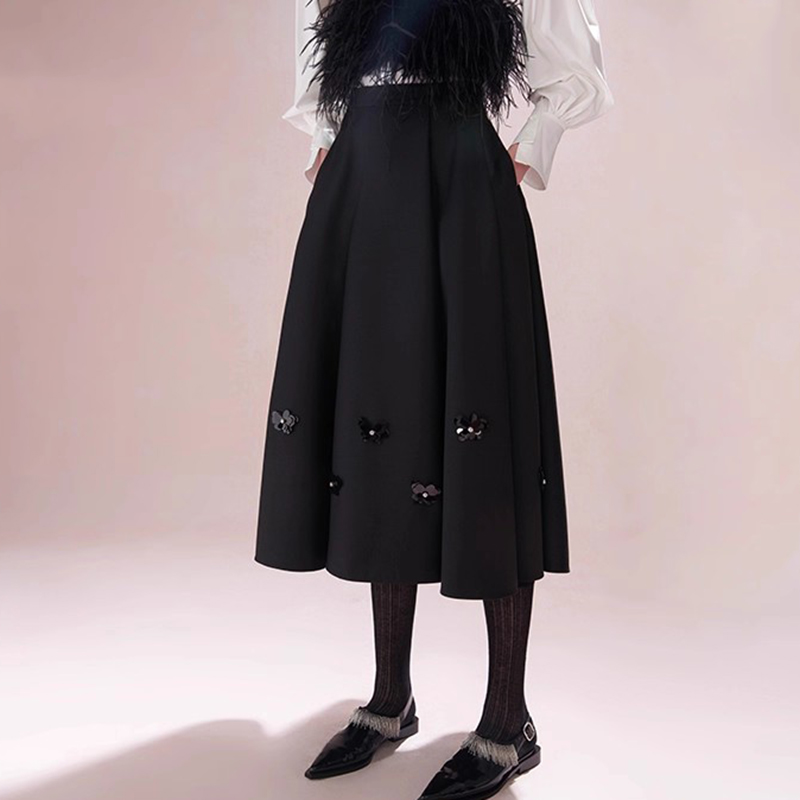 爵莱菲大码胖mm明星同款 秋季优雅中长亮片黑尾蝶伞裙显瘦