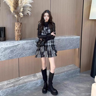 爵莱菲小香风立体花连衣裙女秋冬高级感精致温柔黑色短裙