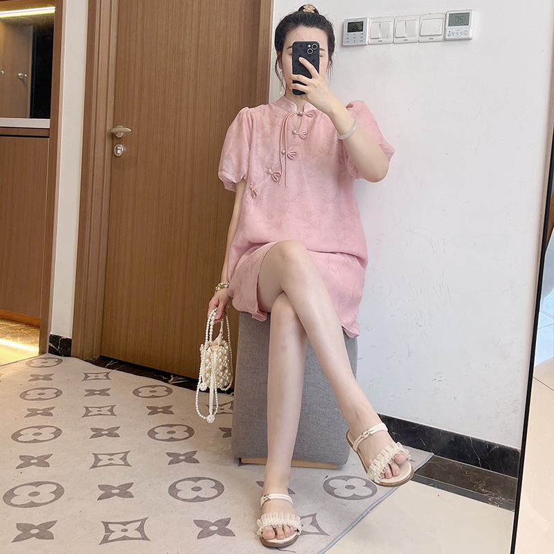 新中式国风泡泡袖连衣裙女2025新款夏季提花盘扣宽松裙子大码胖mm