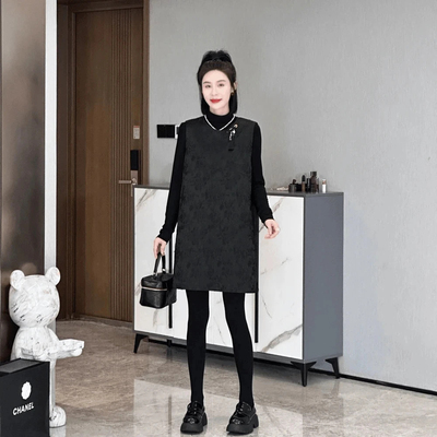 大码女装复古新中式国风马甲连衣裙女早秋新款气质显瘦黑色背心裙