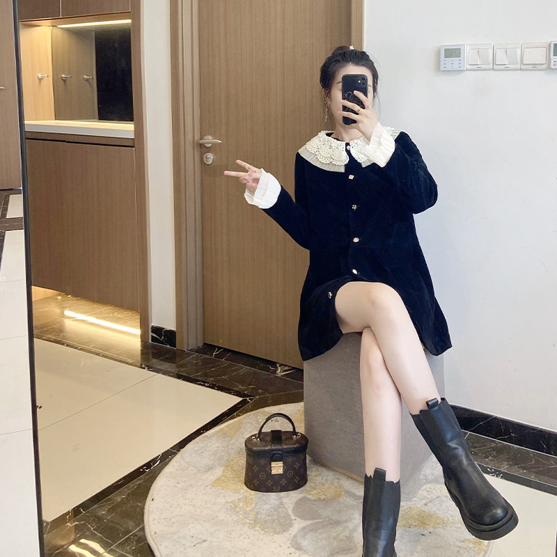 爵莱菲大码娃娃领金丝绒连衣裙