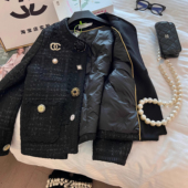 爵莱菲大码 羊毛胖mm黑色小香风羽绒服冬季 宽松粗花呢编织上衣外套