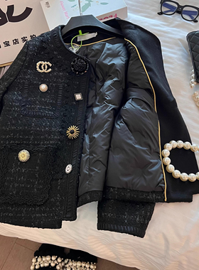 爵莱菲大码羊毛胖mm黑色小香风羽绒服冬季宽松粗花呢编织上衣外套