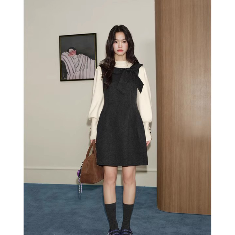 爵莱菲大码胖mm法式无袖收腰连衣裙女秋冬深灰色蝴蝶结a字背心裙