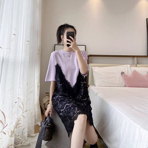 蕾丝拼接假两件大码宽松显瘦