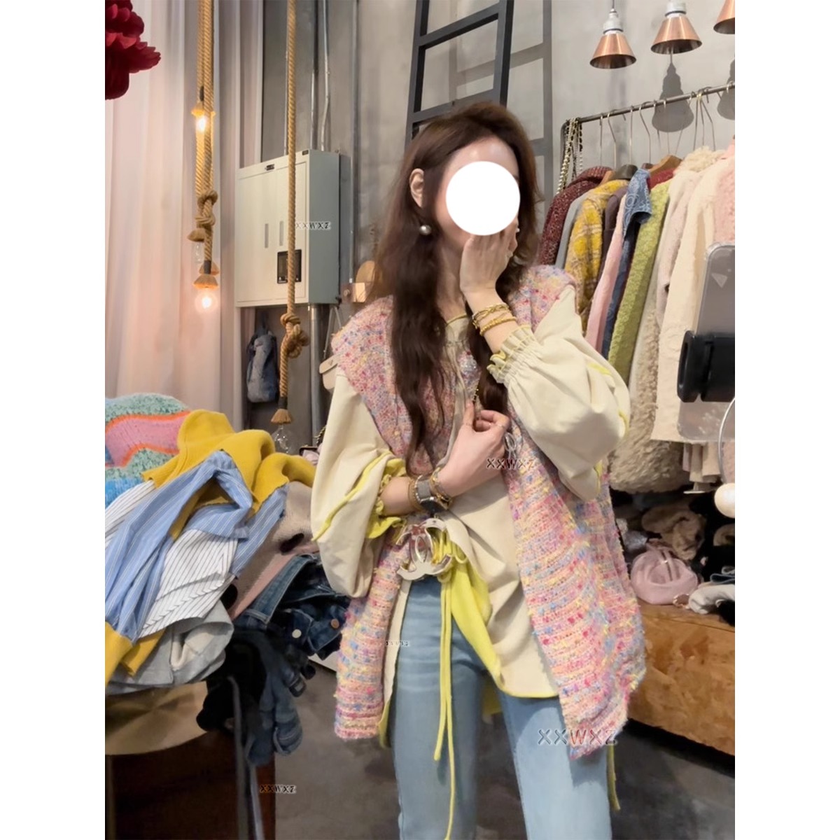 爵莱菲设计感休闲风春季新款洋气彩虹小香粗花呢慵懒马甲背心大码