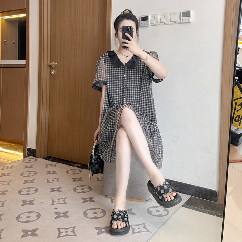 格子A字裙子娃娃领镂空