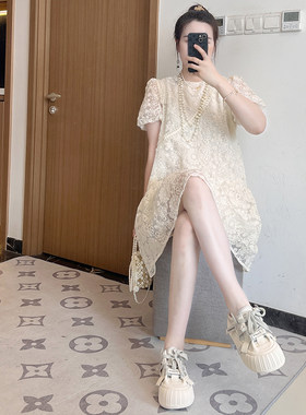 法式白色蕾丝拼接连衣裙女夏季2025新款气质洋气时尚裙子大码胖mm