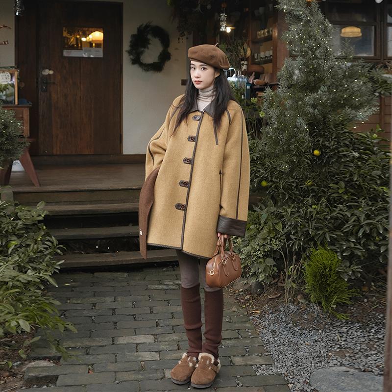 爵莱菲大码胖mm撞色拼皮设计感双面呢羊毛短外套女冬复古呢子大衣