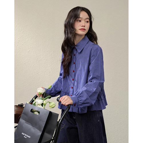 miu系蓝色格子大码衬衫女2025春季新款荷叶边长袖衬衣上衣短款