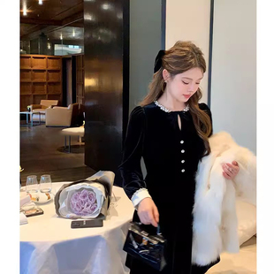 爵莱菲大码 赫本风黑色丝绒连衣裙女秋气质千金感生日party小礼裙