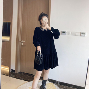 裙子 气质黑色显瘦a字大码 金丝绒连衣裙女早春2022新款 娃娃领长袖