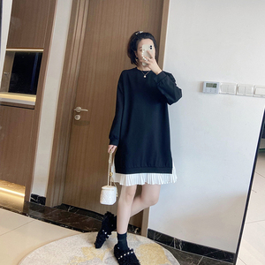 秋季新款2024大码宽松连衣裙女时尚拼接百褶气质显瘦裙子女假两件