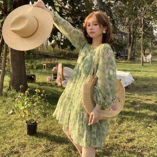 小个子度假长袖 2025新款 裙子 连衣裙女春季 爵莱菲绿色碎花大码