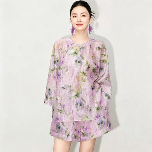 爵莱菲大码女装国风新中式夏季新款天丝提花短裤套装上衣透气舒适
