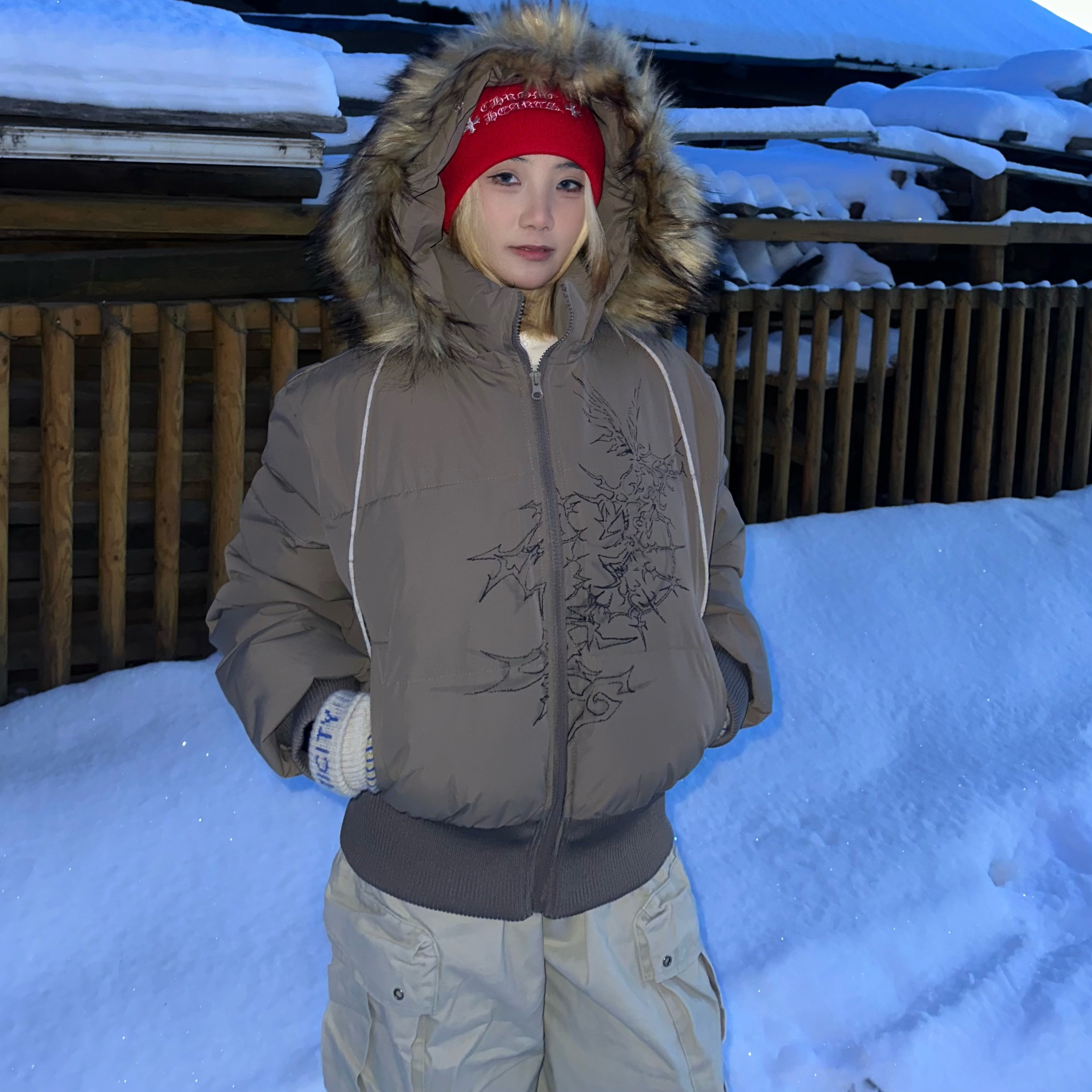 ZZHKA 美式辣妹连帽短款毛领棉服女冬季收腰显瘦保暖面包服外套