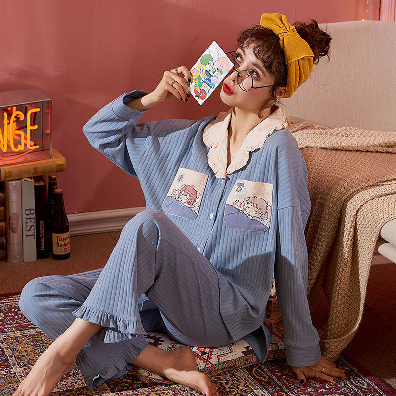 睡衣女春秋100%纯棉女士翻领长袖套装卡通性感可外穿家居服月子服